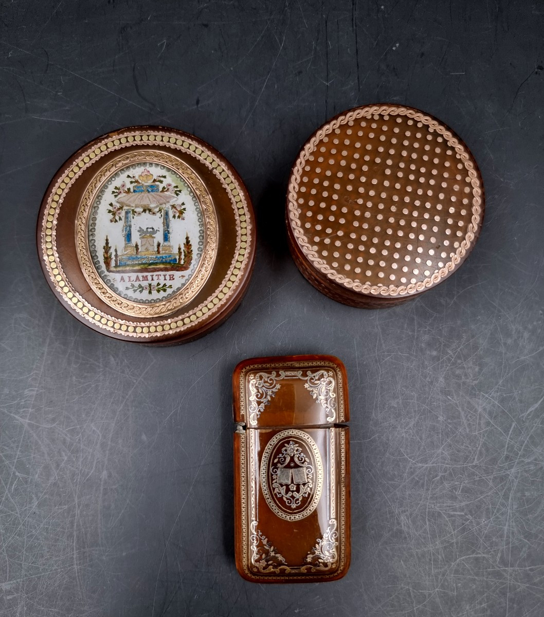 Two Boxes And A Tortoiseshell Case Speckled With Gold Medallion For Friendship Late 17th Early 19th Century