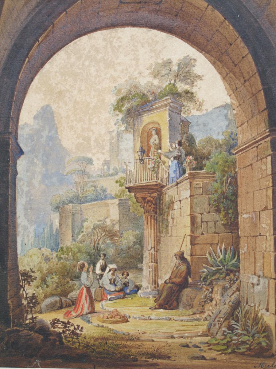 Aquarelle Romantique Personnages Dans Des Ruines Abele 1844