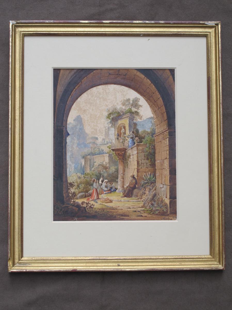 Aquarelle Romantique Personnages Dans Des Ruines Abele 1844-photo-2