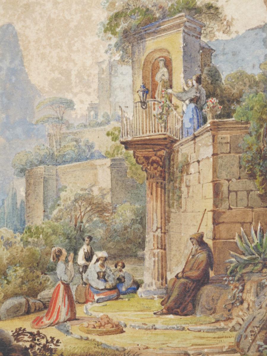 Aquarelle Romantique Personnages Dans Des Ruines Abele 1844-photo-3