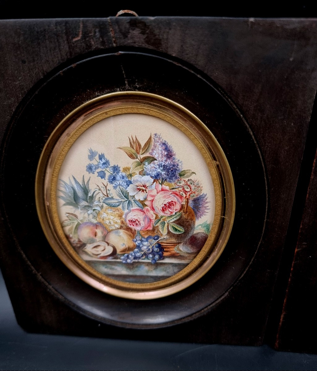 paire de miniatures nature morte aux fruits et fleurs sur un entablement époque XIXe siècle-photo-1