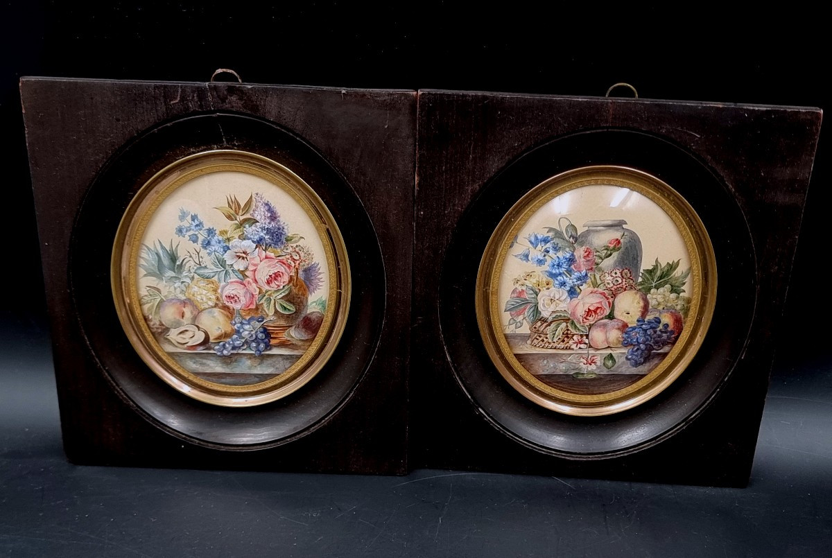 paire de miniatures nature morte aux fruits et fleurs sur un entablement époque XIXe siècle