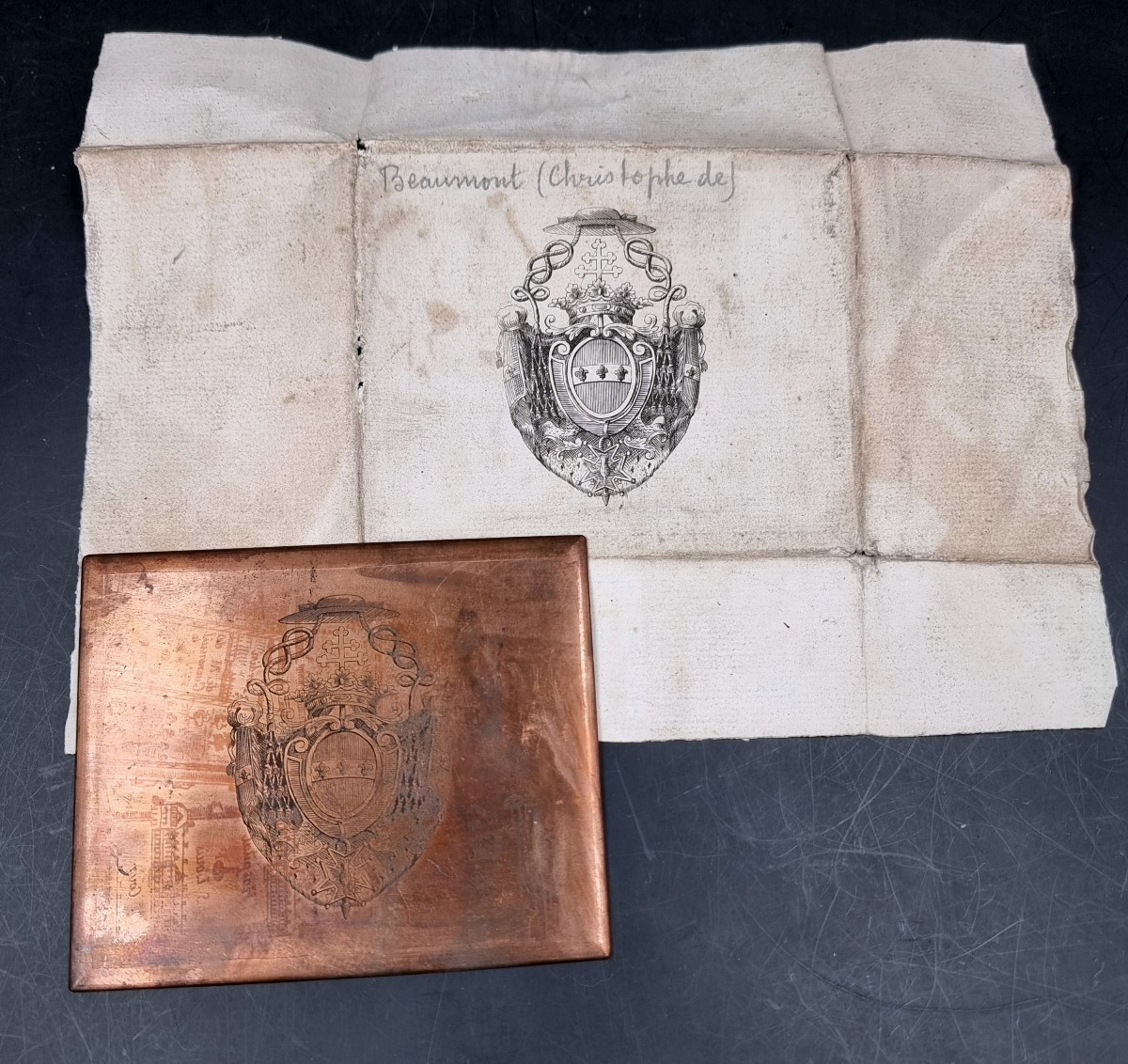 Plaque Matrice Cuivre Ex Libris Aux Armoiries de Christophe de Beaumont 