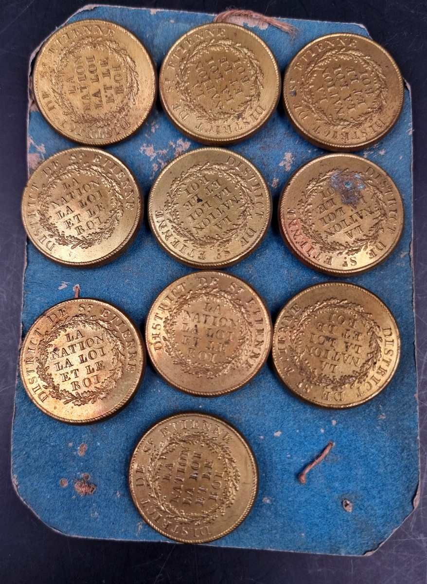 Sheet Of 10 Revolutionary Buttons, District Of St Etienne, The Nation, The Law, The King, Cheek, Wood