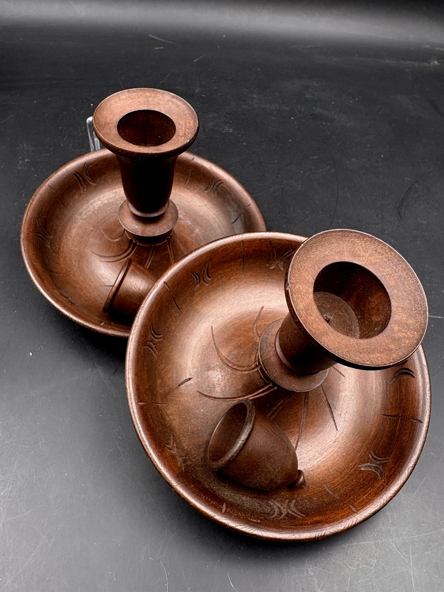 Secret Box With Turned Wooden Travel Candlesticks, Complete With Their Snuffers 