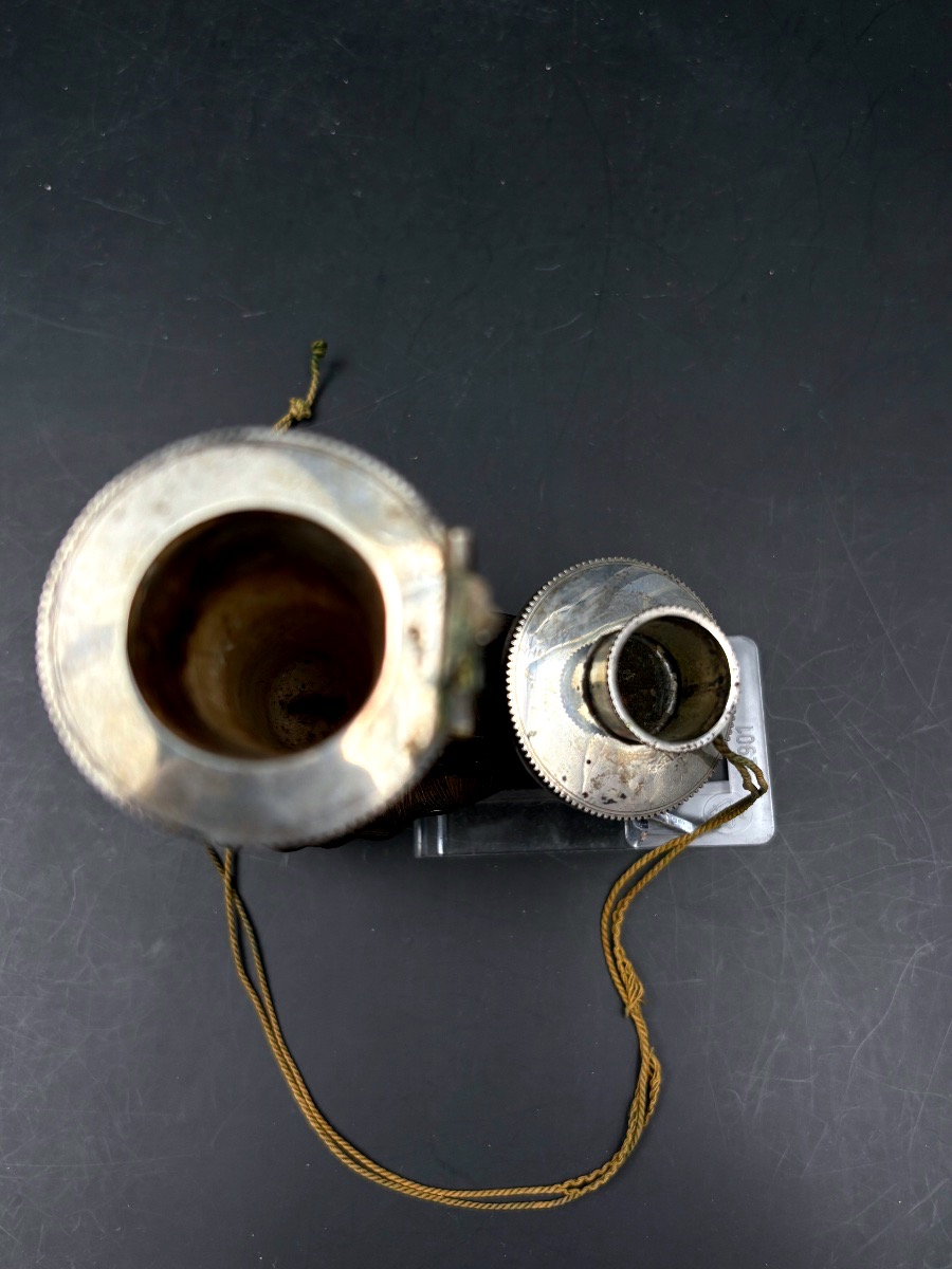 Pipe en bois sculpté des armoiries famille Belge Van der Burch et devise, garniture en argent-photo-4