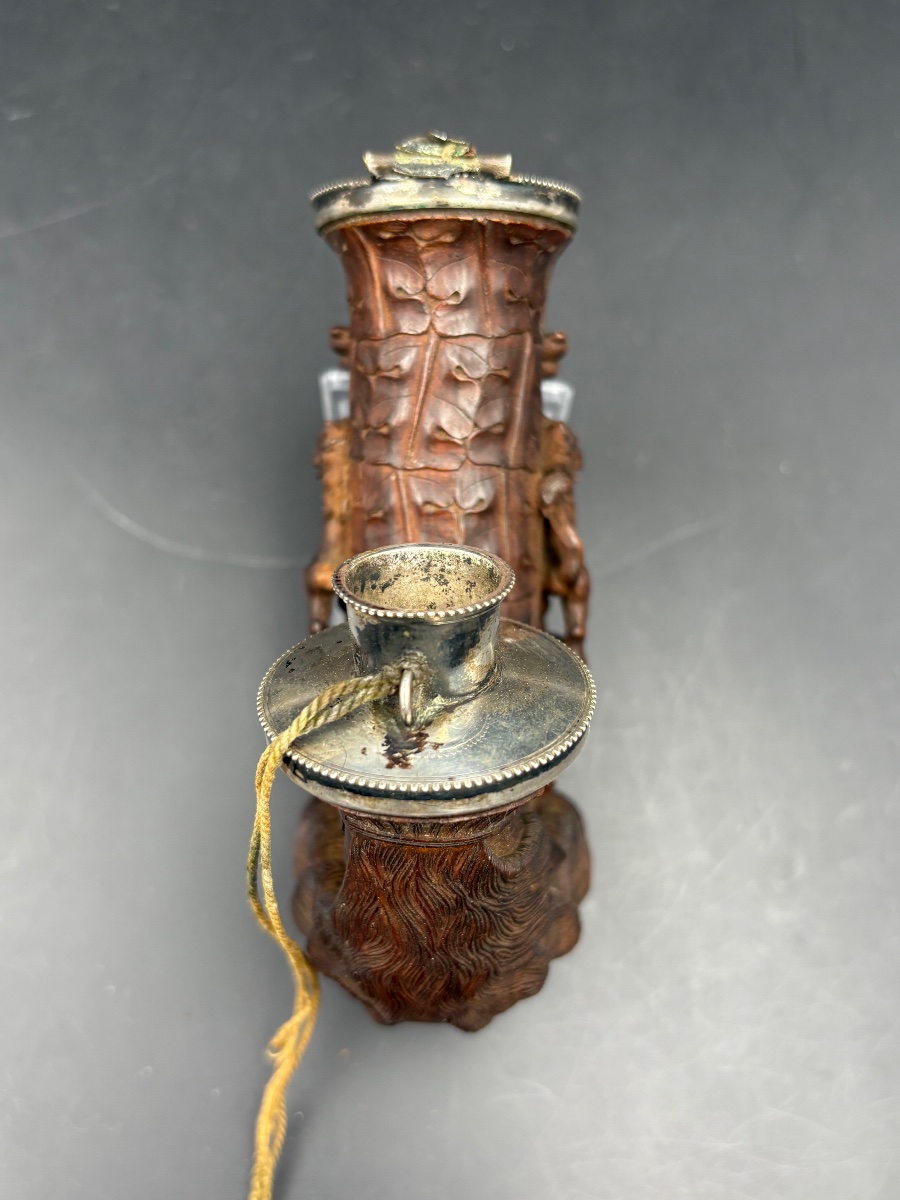 Pipe en bois sculpté des armoiries famille Belge Van der Burch et devise, garniture en argent-photo-1