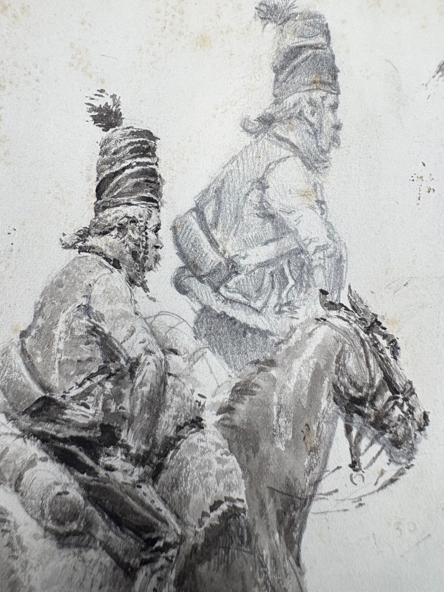 Dessin au crayon officier de Hussard empire à cheval ainsi que divers croquis à l'arrière -photo-2