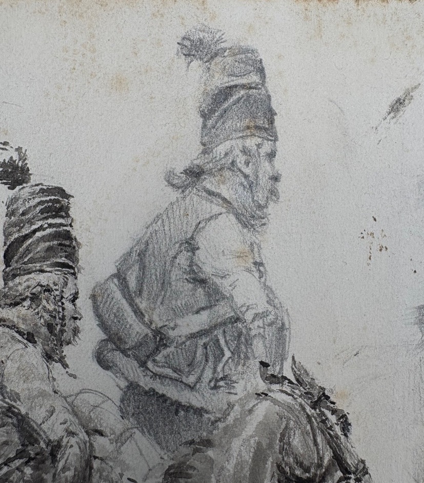 Dessin au crayon officier de Hussard empire à cheval ainsi que divers croquis à l'arrière -photo-4