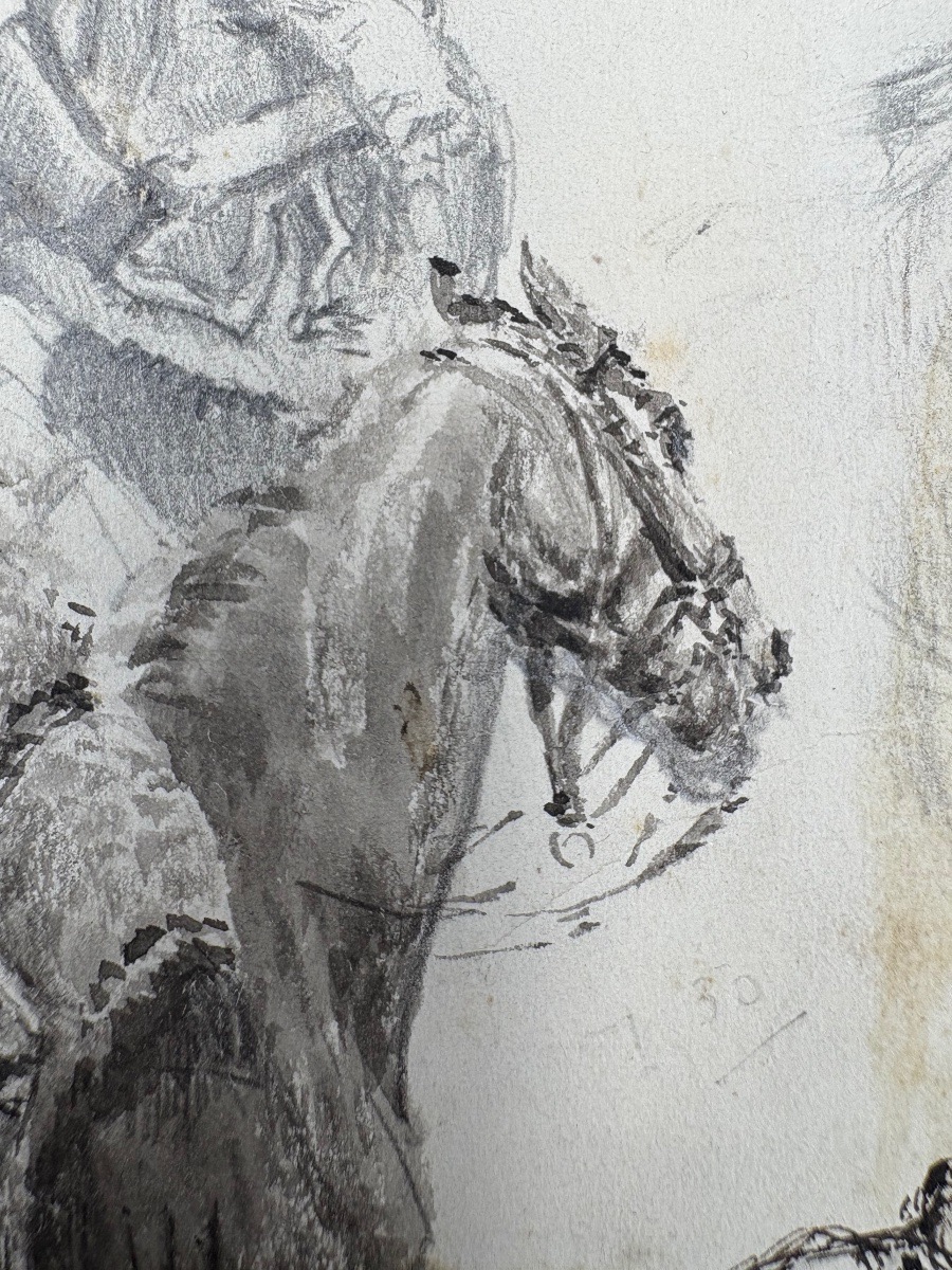 Dessin au crayon officier de Hussard empire à cheval ainsi que divers croquis à l'arrière -photo-1