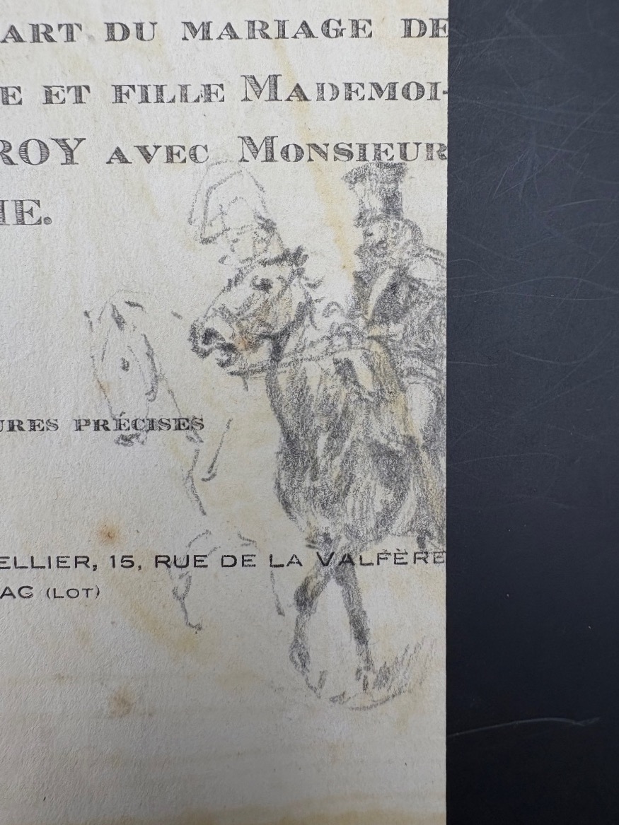 Dessin au crayon officier de Hussard empire à cheval ainsi que divers croquis à l'arrière -photo-3