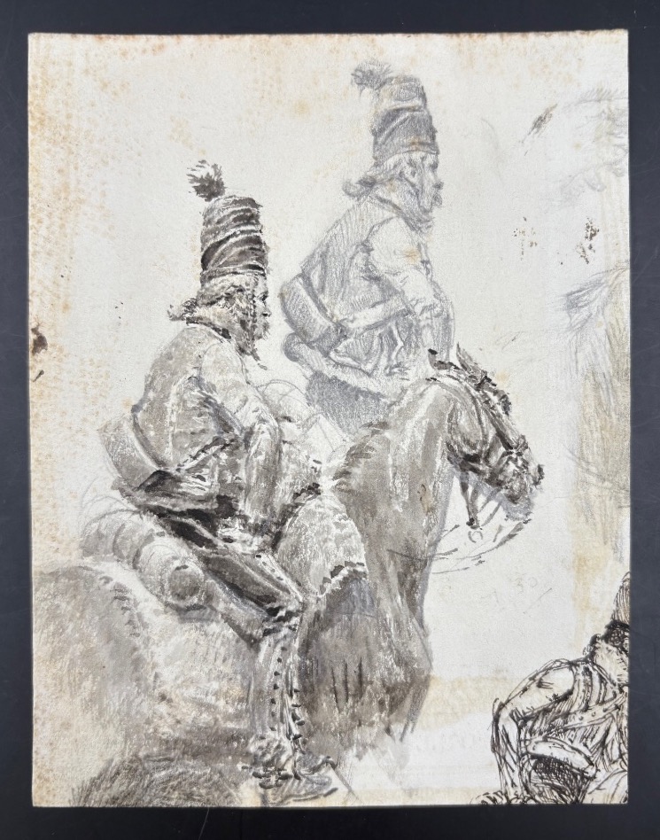 Dessin au crayon officier de Hussard empire à cheval ainsi que divers croquis à l'arrière -photo-5