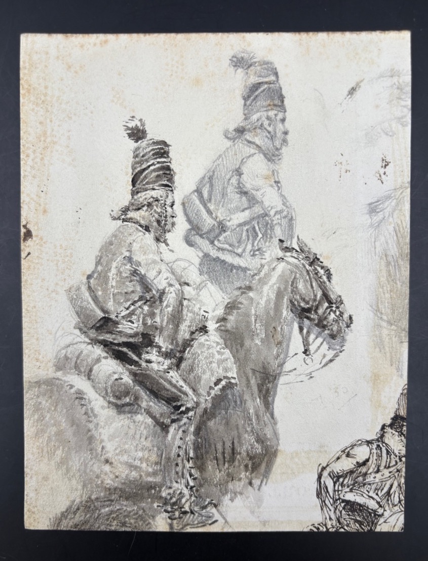 Dessin au crayon officier de Hussard empire à cheval ainsi que divers croquis à l'arrière 