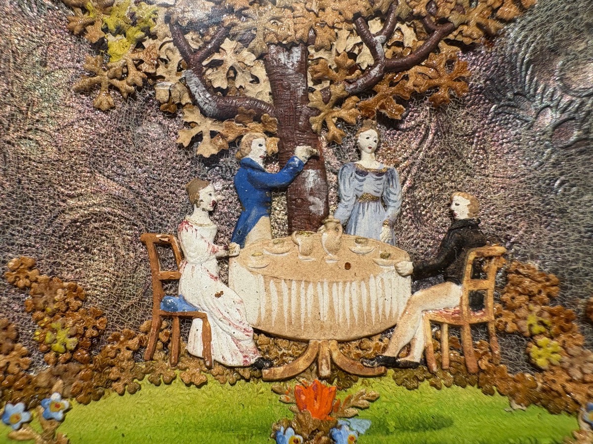 Tableau d'une scène champêtre en papier très finement découpé et gaufré première moitié du XIX-photo-2