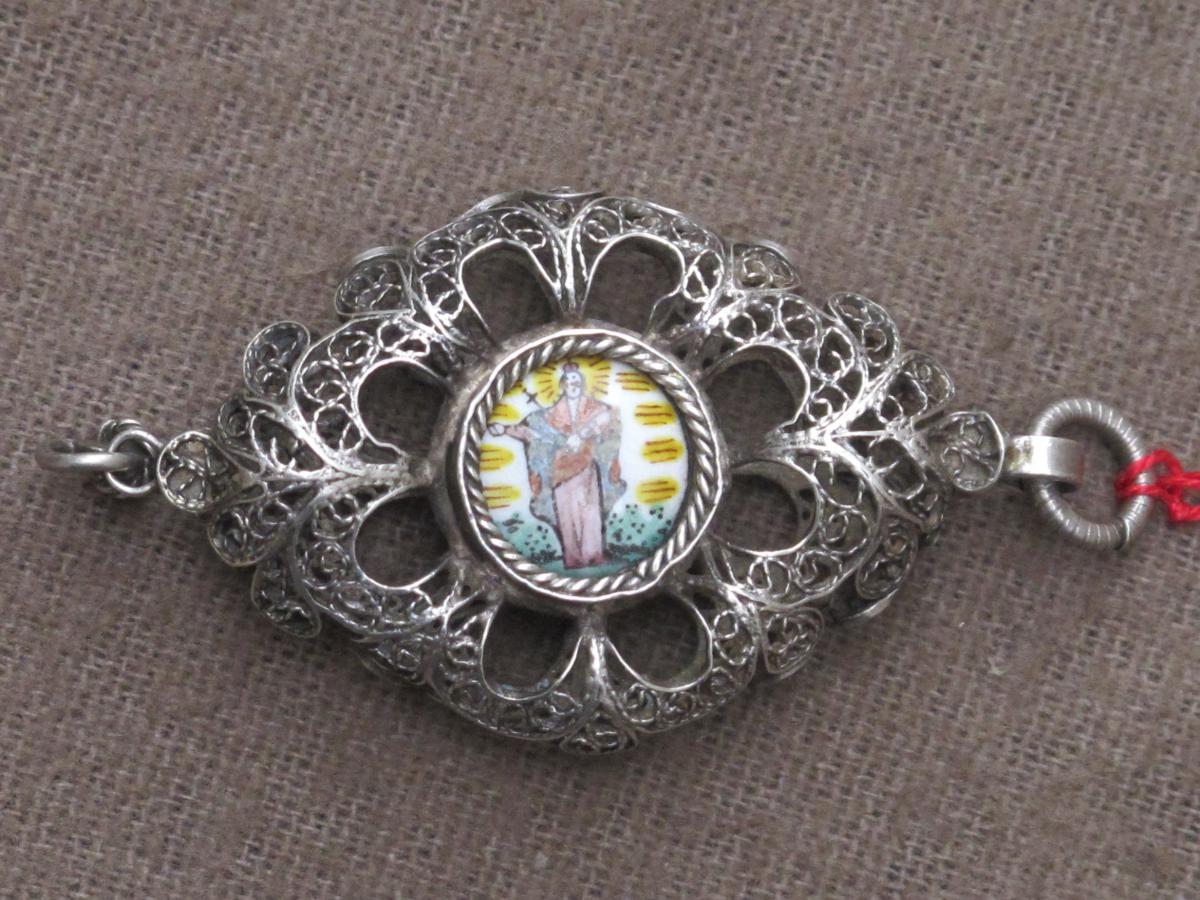 Pendentif En Argent Filigrané Médaillon Central Christ Et Saint 