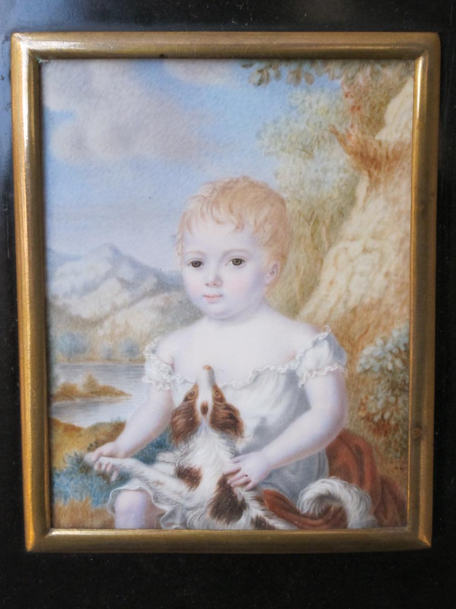 Grande Miniature Sur Ivoire Enfant Et Son Chien Fond De Paysage époque XIX ème Siècle