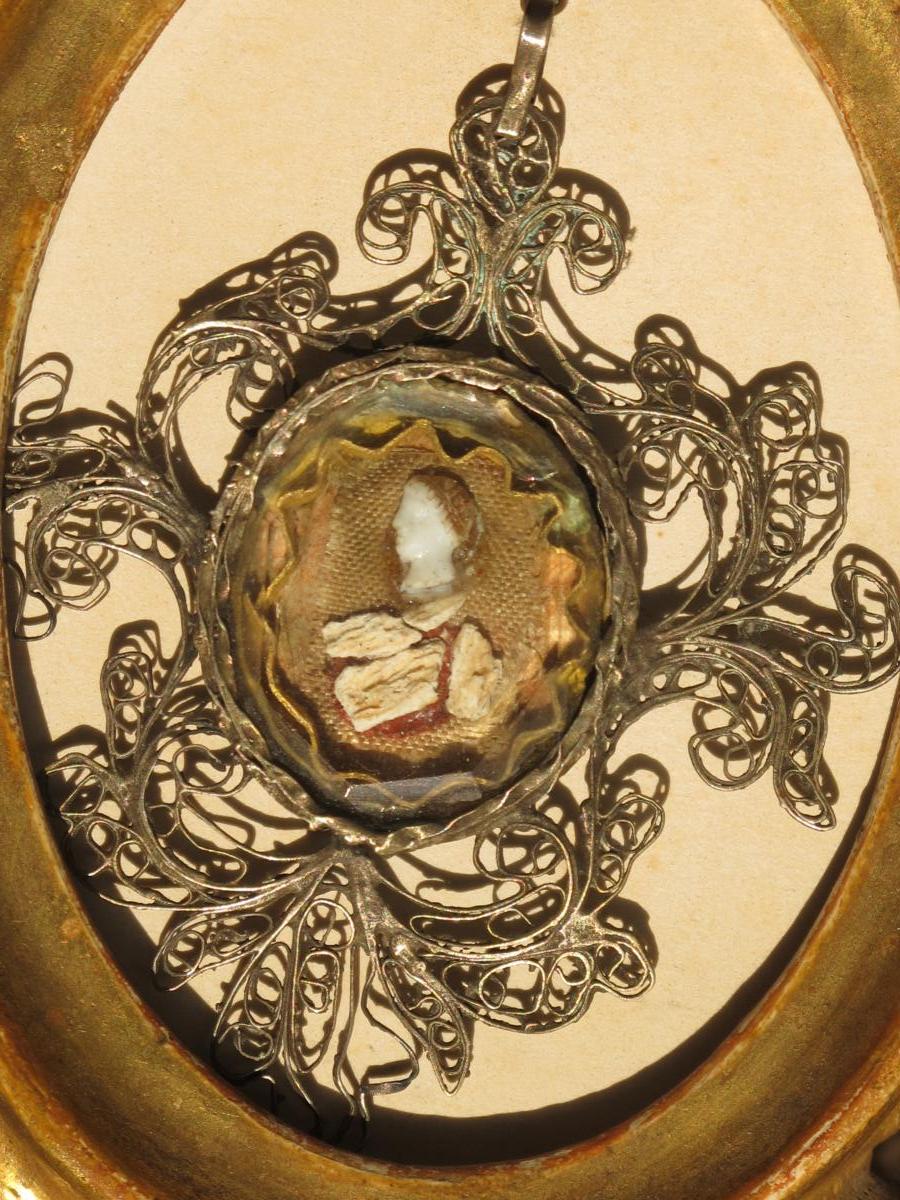 Reliquaire En Argent Filigrané Du XVII ème Siècle Tète De Saint En Verre De Nevers-photo-1