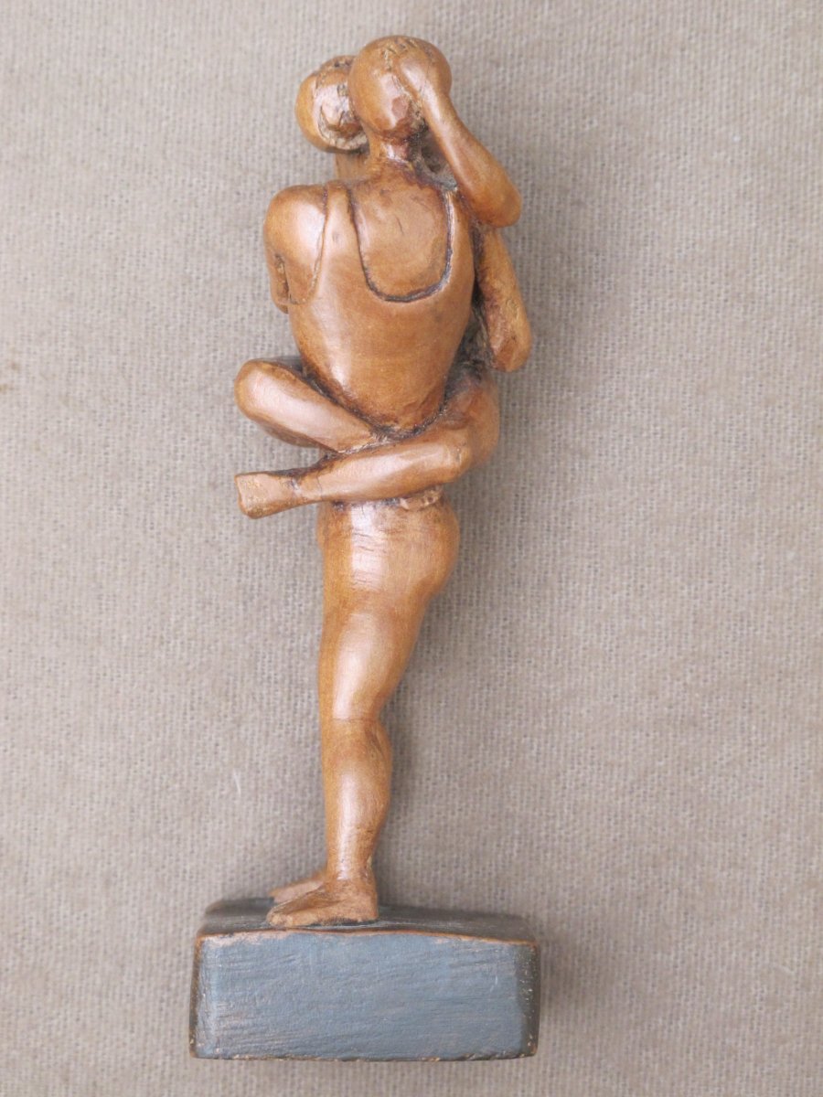 Fruit Wood Statuette Couple Hiding Cirque Dance Contortionist Signed Axb-photo-4