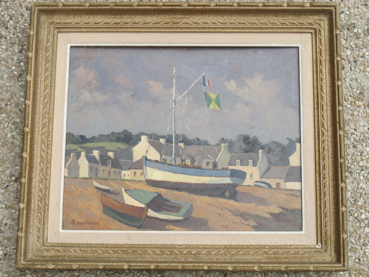 Tableau Huile Sur Panneau Vue d'Un Port Breton Bretagne Signé Raylinat (raymond Goulinat) -photo-2