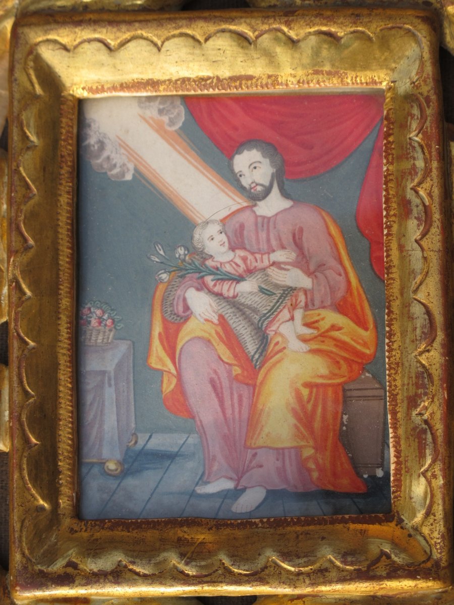 Gouache Saint Joseph Dated Back 1770 Eighteenth Century Golden Wood Frame-photo-2