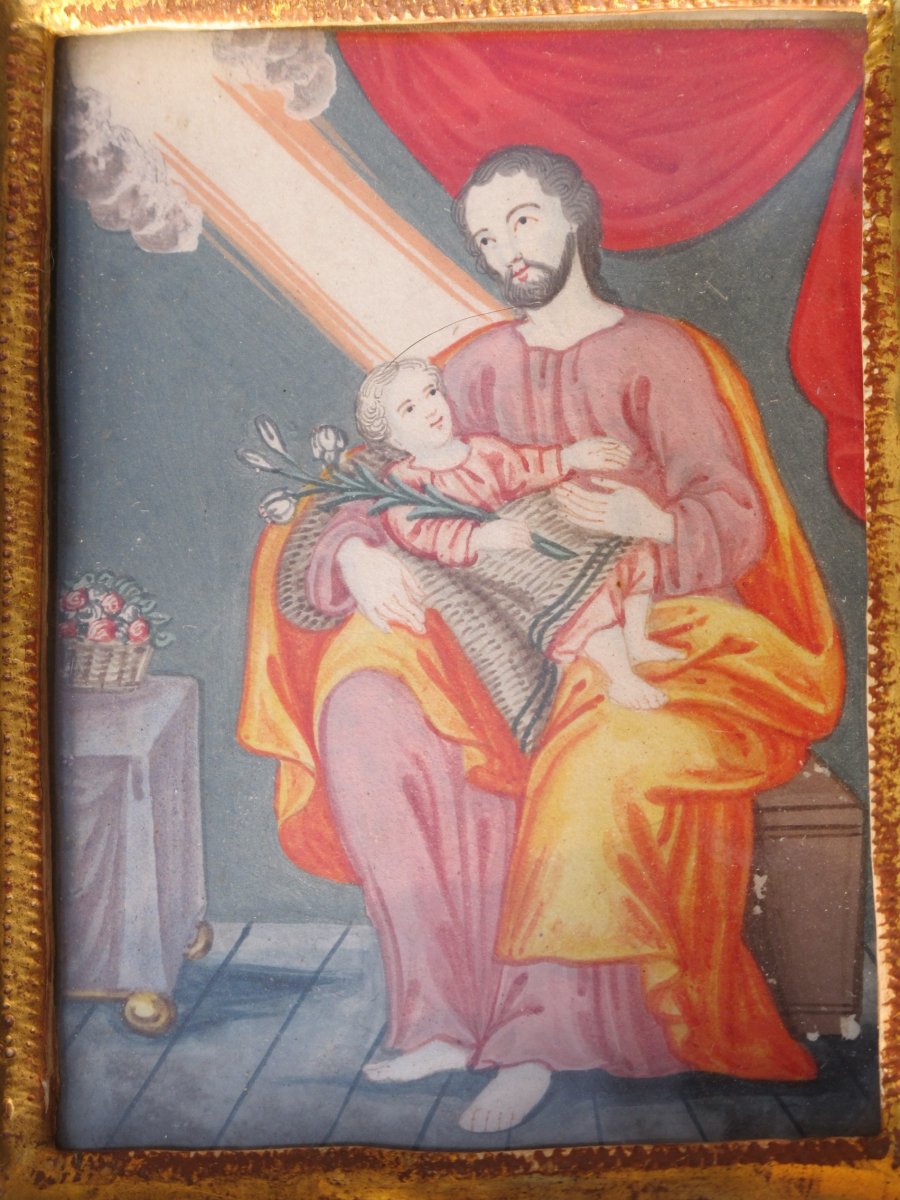 Gouache Saint Joseph Datée à l'Arrière 1770 époque XVIII ème Siècle Cadre Bois Doré-photo-3