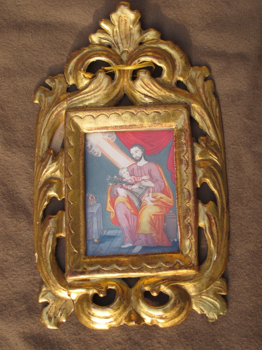 Gouache Saint Joseph Datée à l'Arrière 1770 époque XVIII ème Siècle Cadre Bois Doré