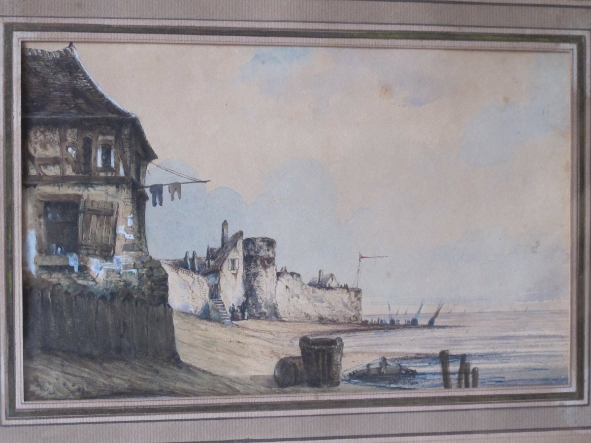 Vieilles Maisons Et Bateaux En Bord De Mer, Aquarelle Gouachée Attribuée  Eugène Isabey-photo-2