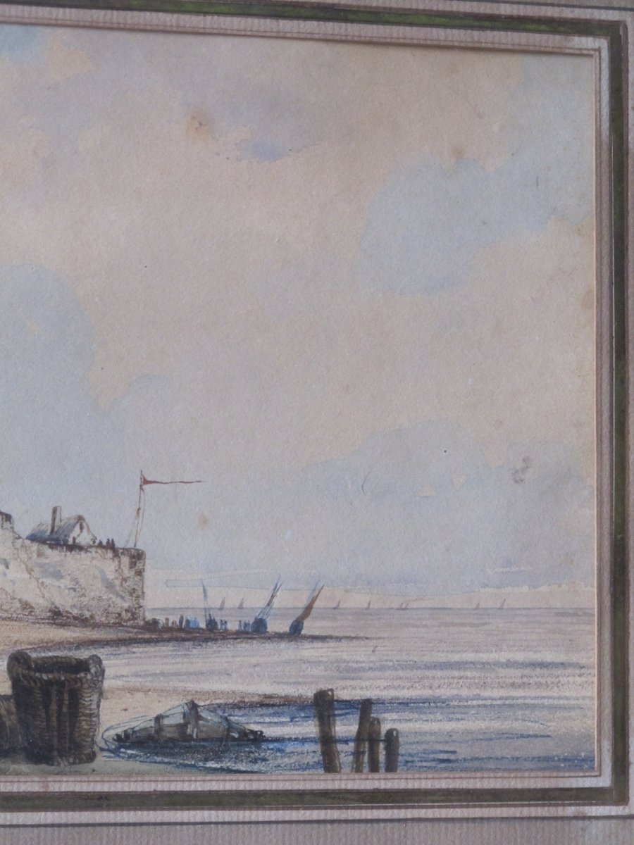 Vieilles Maisons Et Bateaux En Bord De Mer, Aquarelle Gouachée Attribuée  Eugène Isabey-photo-1