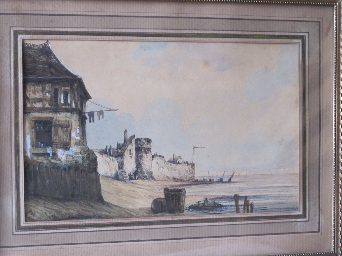 Vieilles Maisons Et Bateaux En Bord De Mer, Aquarelle Gouachée Attribuée  Eugène Isabey