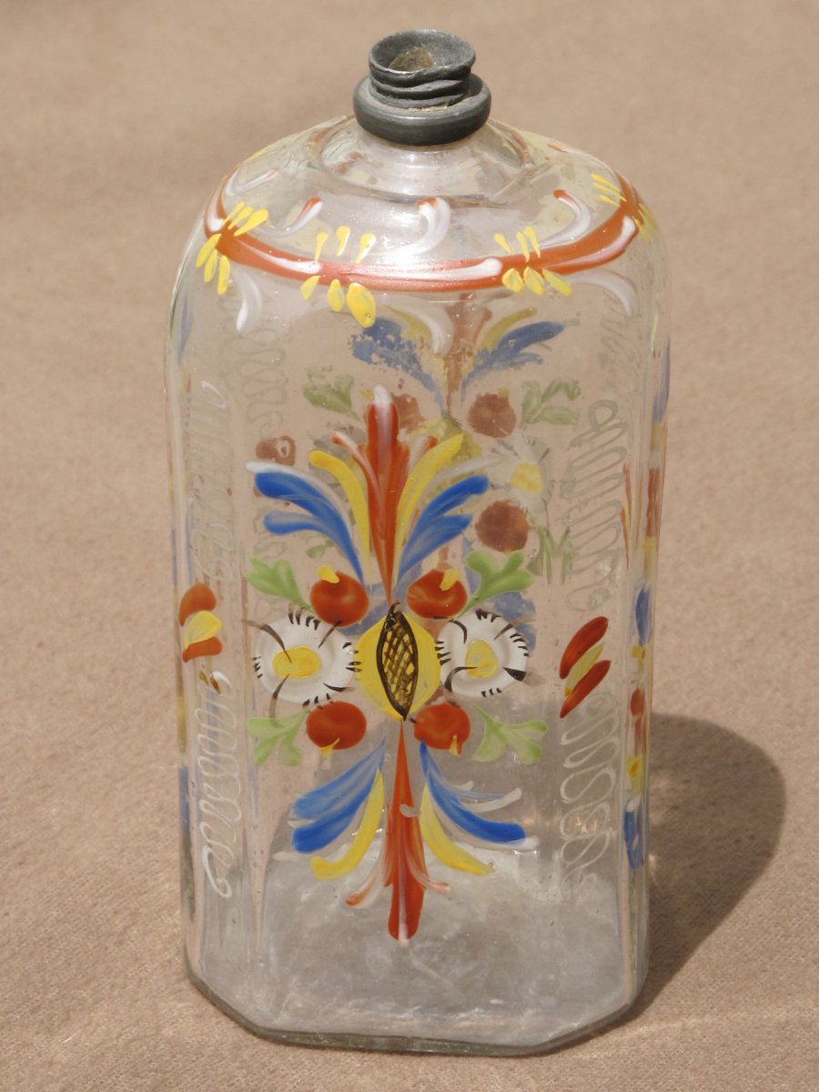 Bottle Glass Bottle Enameled With Foliage And Flowers Period XVIII è Century Rhine Valley