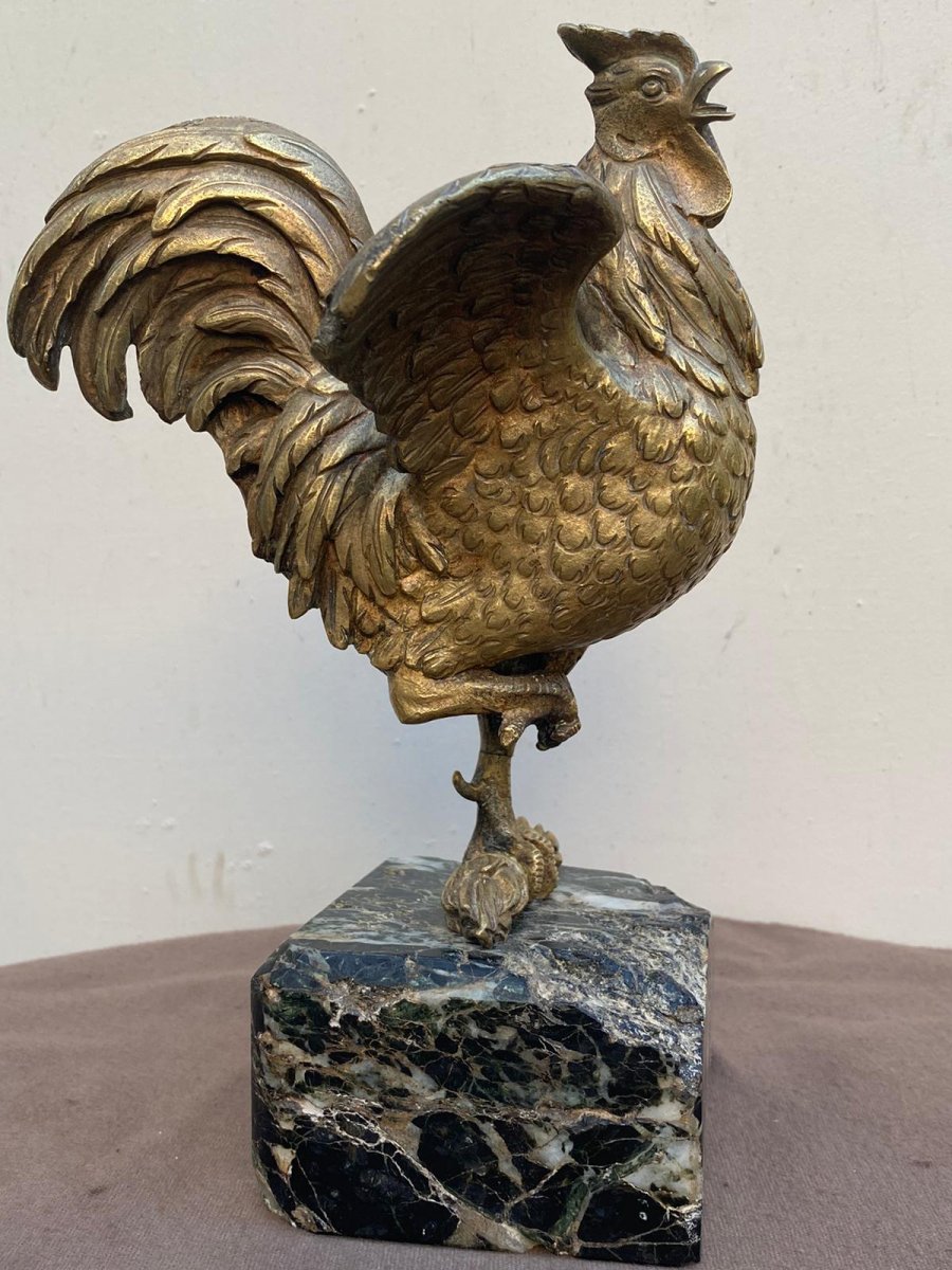 Rooster In Gilt Bronze XIX E Century On A Marble Base-photo-3