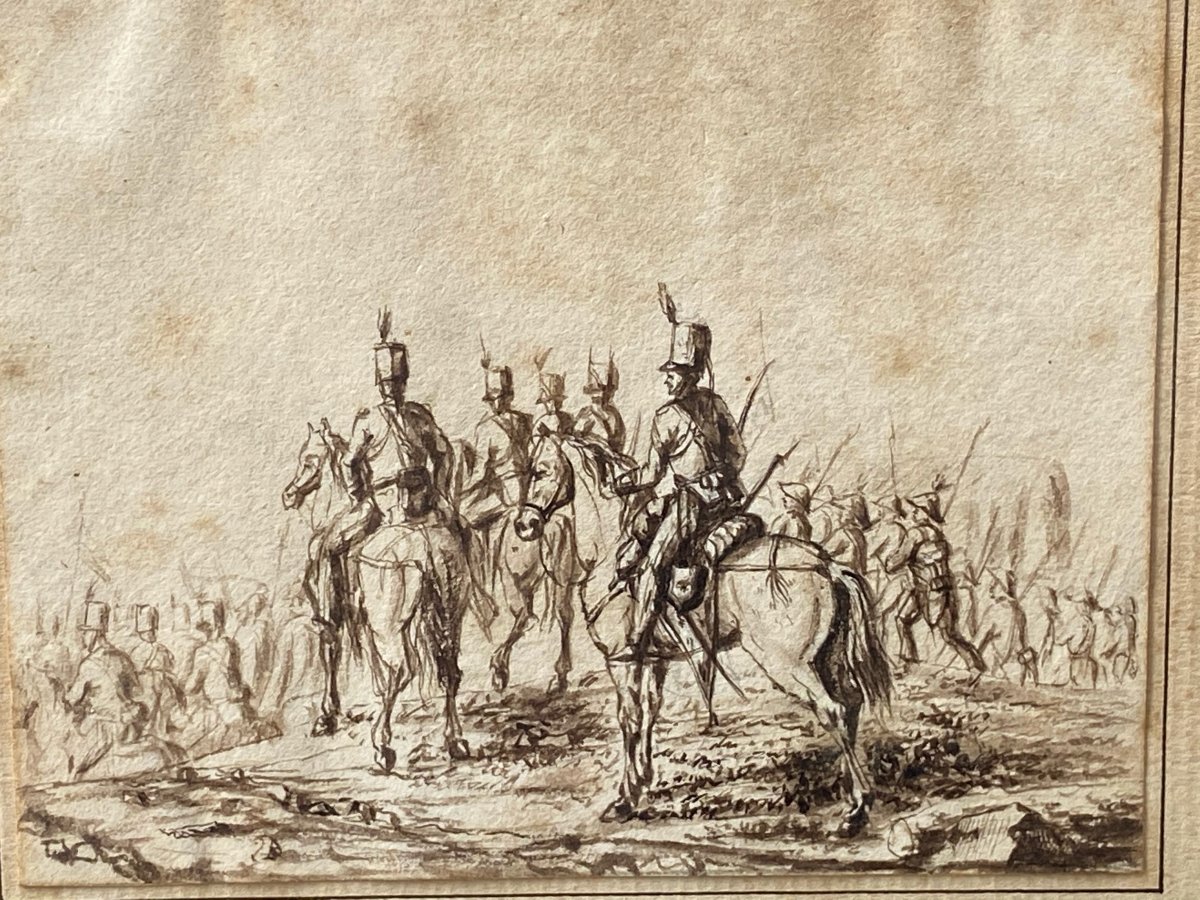 Dessin à l'encre Scène De Bataille Empire Sous Napoléon Cavalier Uniforme -photo-2