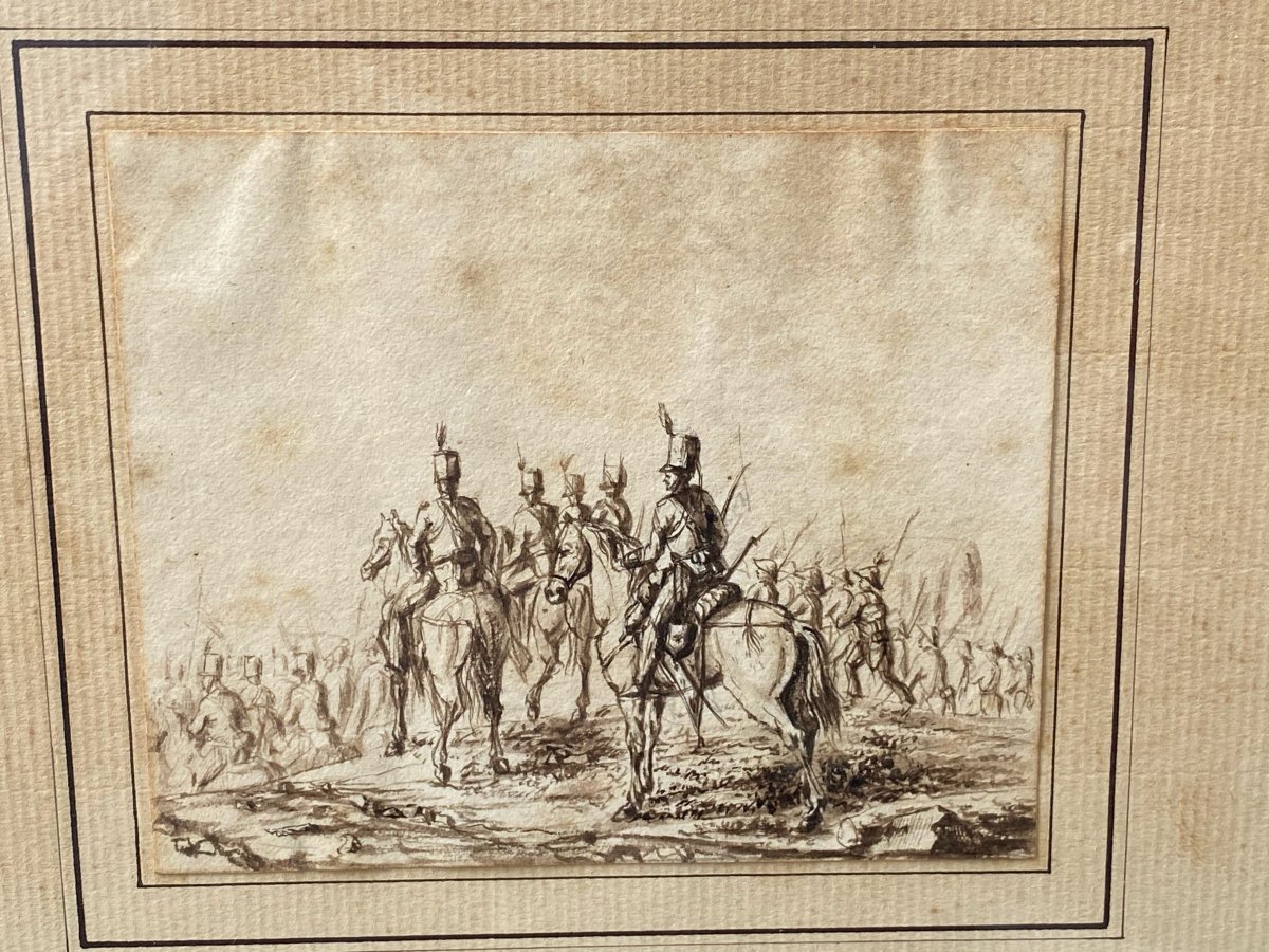 Dessin à l'encre Scène De Bataille Empire Sous Napoléon Cavalier Uniforme -photo-1