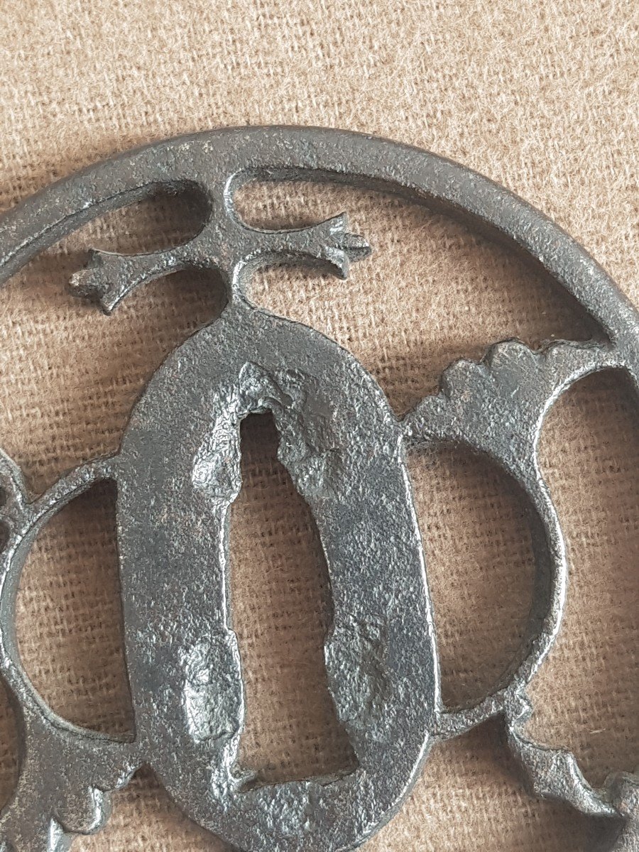 Tsuba Marugata  En Fer Décor De Feuilles De Ginkgo-photo-3