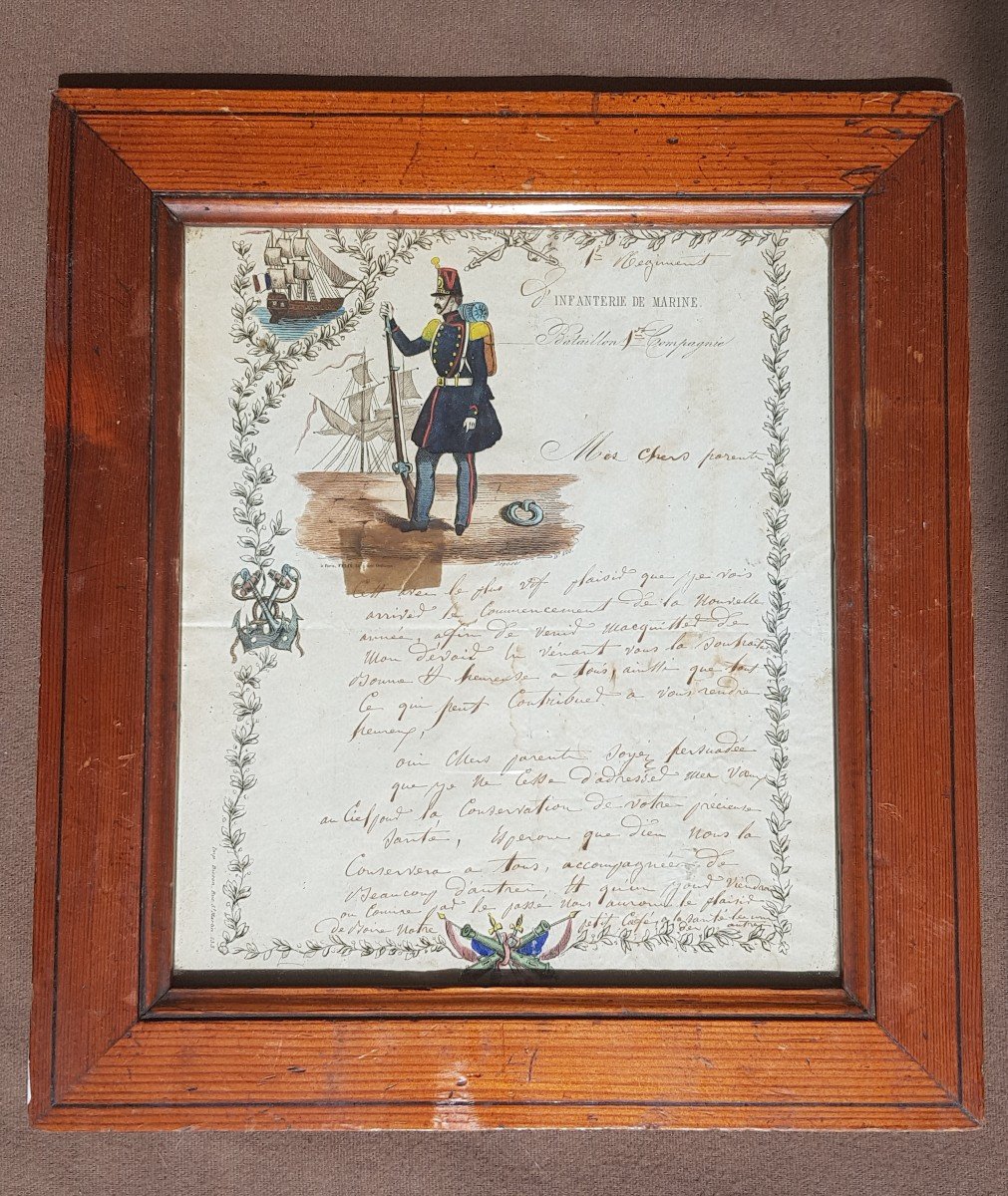 Lettre Du Premier Régiment d'Infanterie De Marine Bataillon 1 Compagnie Soldat Ancre Navire 