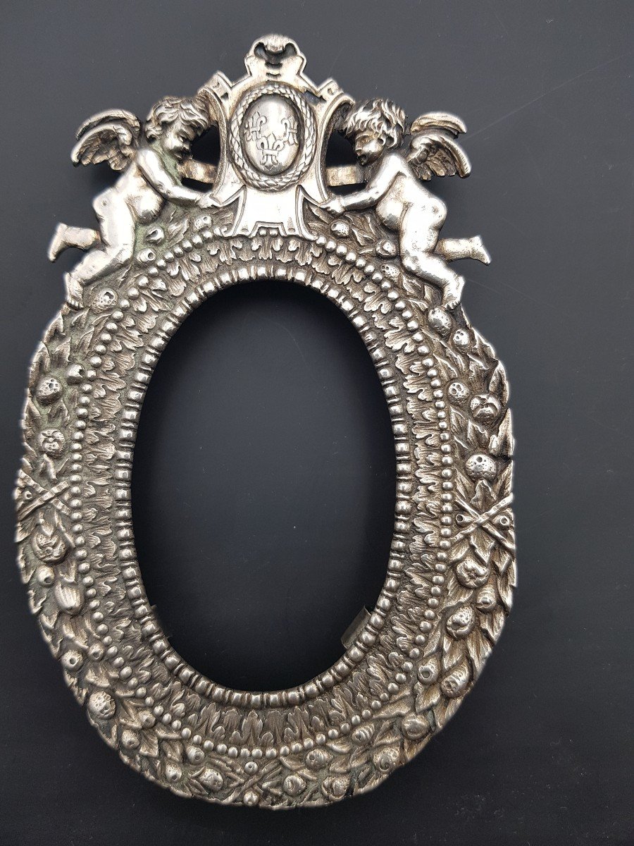 Pair Of Silver Frame Decorated With Lily Flowers And Cherubs Arms Of France Fruit Crown-photo-2