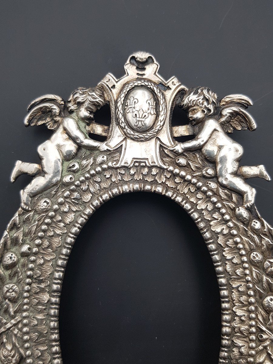 Pair Of Silver Frame Decorated With Lily Flowers And Cherubs Arms Of France Fruit Crown-photo-4