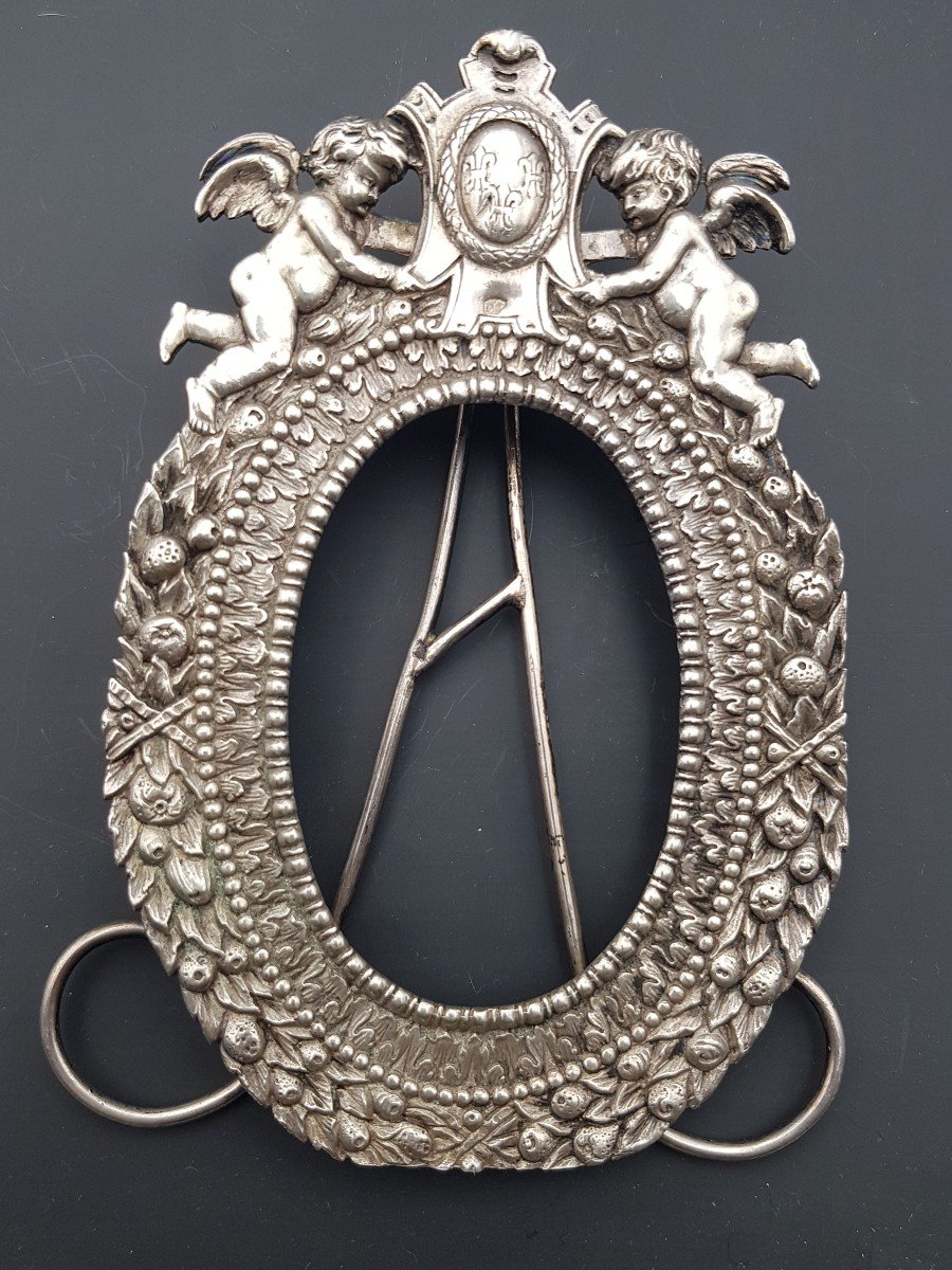 Pair Of Silver Frame Decorated With Lily Flowers And Cherubs Arms Of France Fruit Crown-photo-1