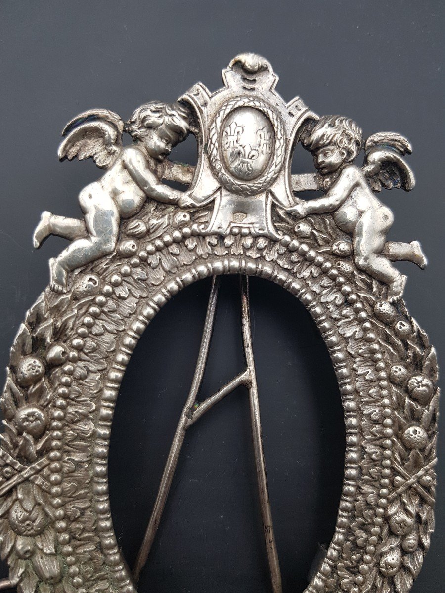 Pair Of Silver Frame Decorated With Lily Flowers And Cherubs Arms Of France Fruit Crown-photo-3