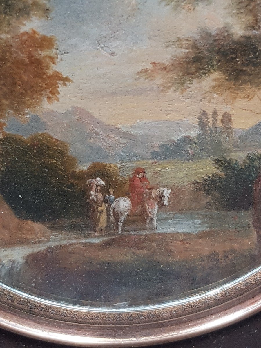 Miniature Cavalier Et Personnages Passant Un Gué Dans Un Beau Paysage  époque Début XIX  Siècle-photo-4