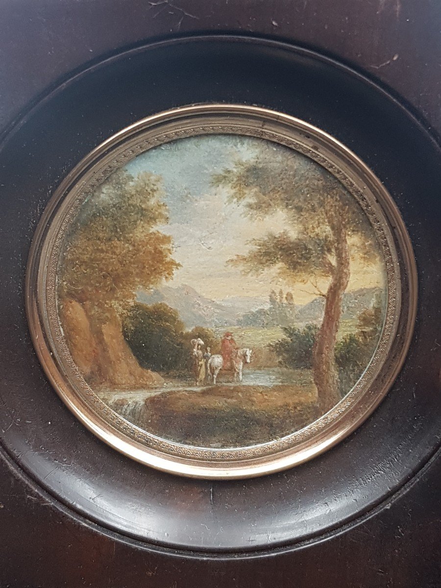 Miniature Cavalier Et Personnages Passant Un Gué Dans Un Beau Paysage  époque Début XIX  Siècle-photo-1