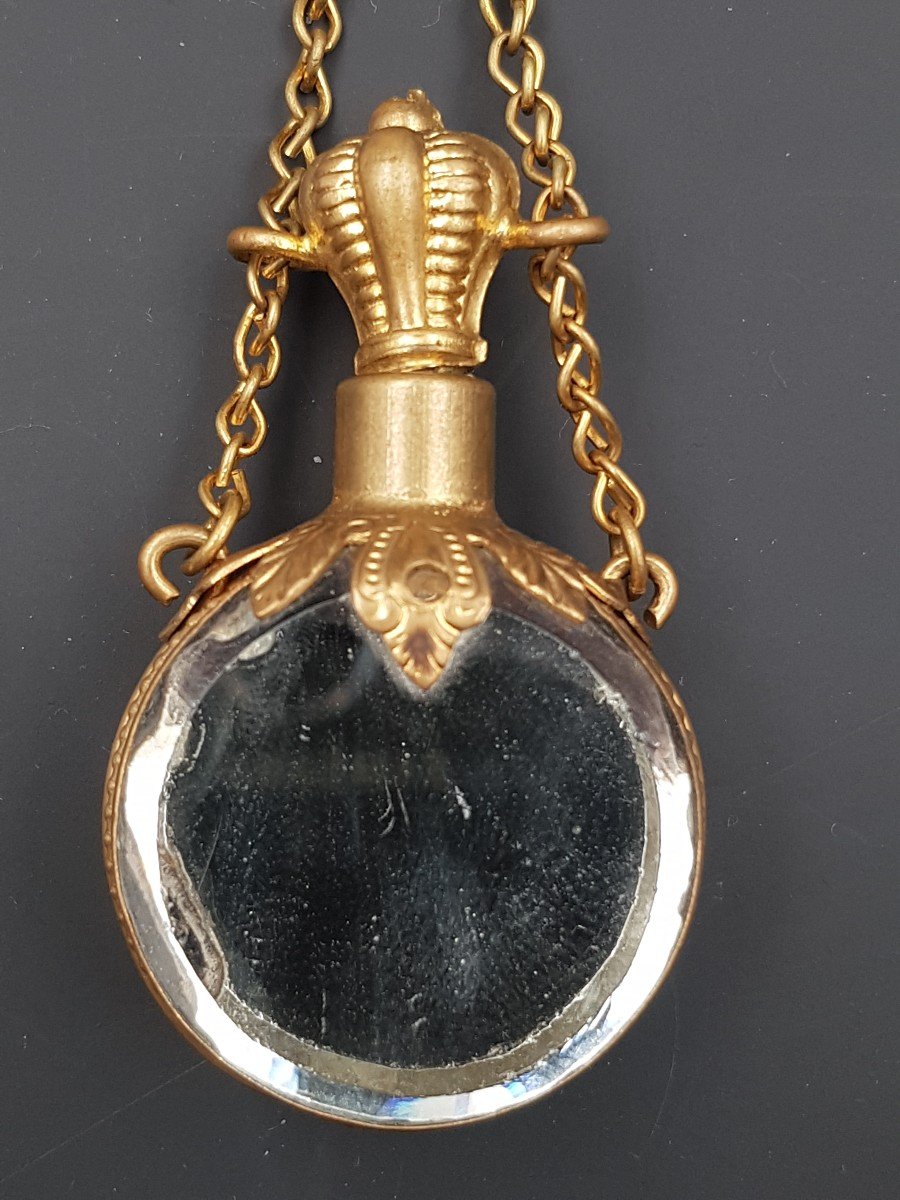 Flacon A Parfum En Laiton Doré Et Miroir d'époque Napoléon III Complet XIX E Siècle-photo-2
