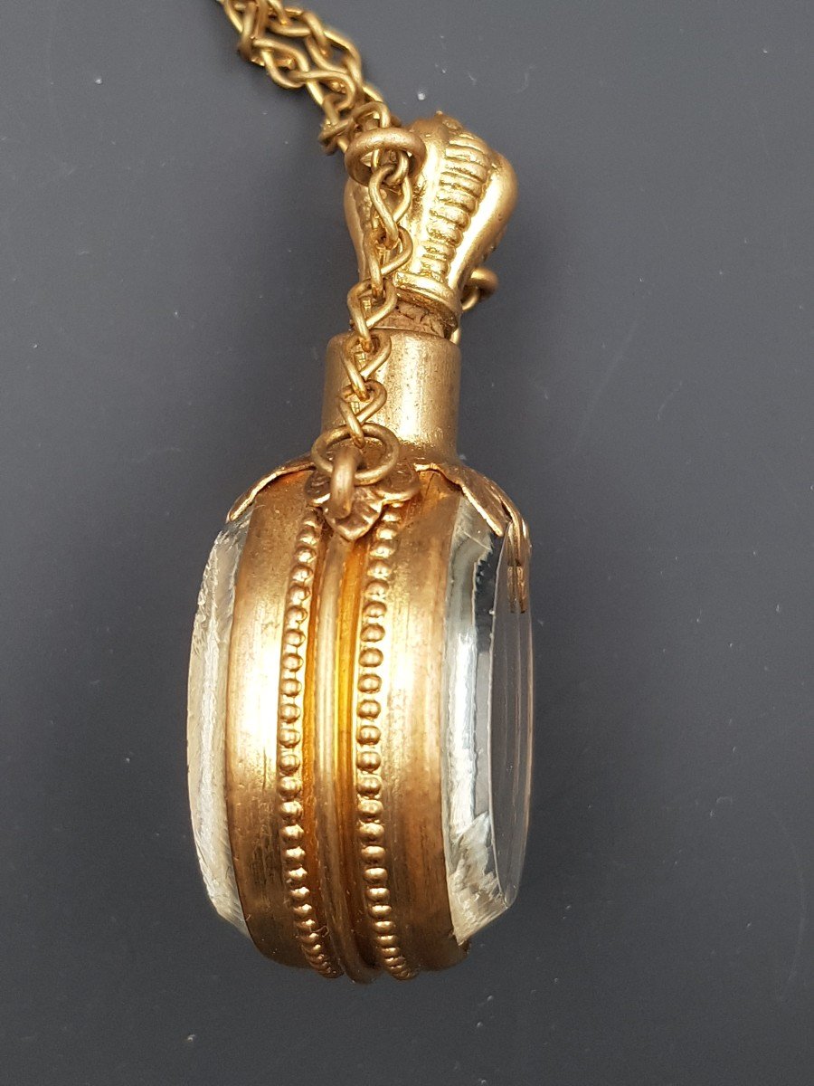 Flacon A Parfum En Laiton Doré Et Miroir d'époque Napoléon III Complet XIX E Siècle-photo-3