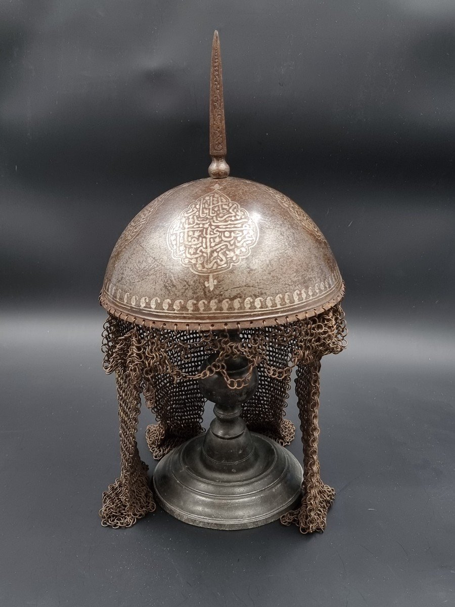 Oriental Helmet Said Kulah Khud, Ottoman Empire In Iron Engraved With Inscriptions-photo-2