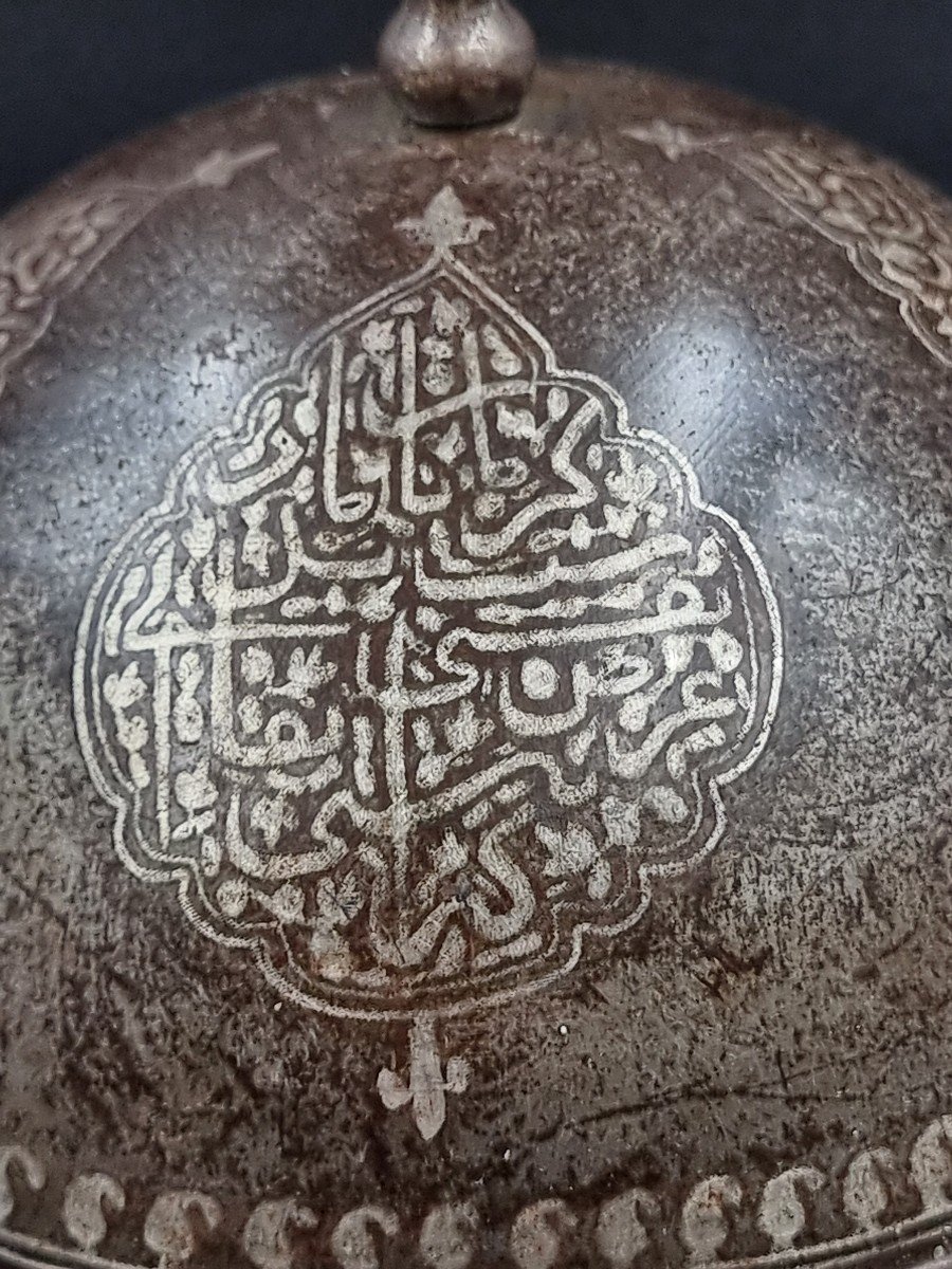 Oriental Helmet Said Kulah Khud, Ottoman Empire In Iron Engraved With Inscriptions-photo-3