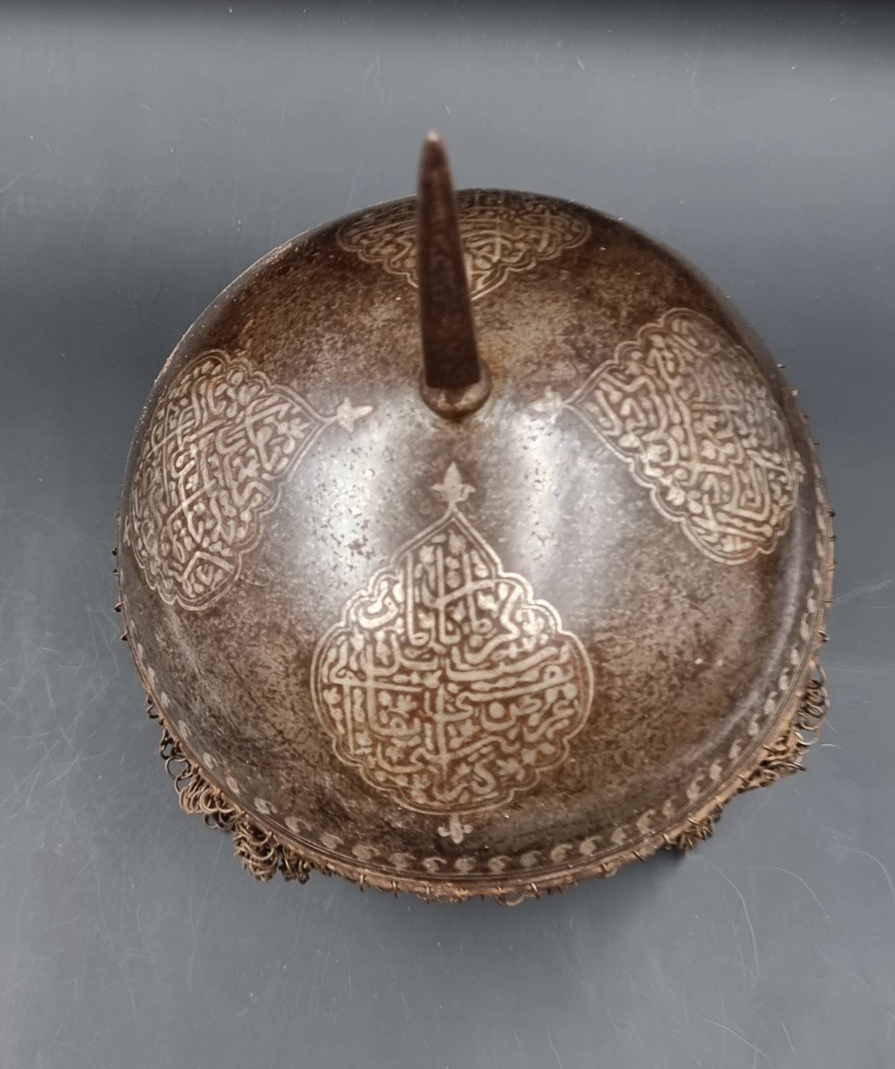 Oriental Helmet Said Kulah Khud, Ottoman Empire In Iron Engraved With Inscriptions-photo-4