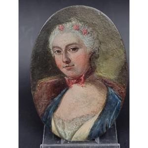 Miniature Sur Cuivre époque Louis XV d'Une Femme Au Nœud Rose 