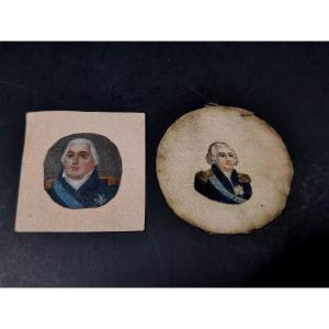 Two Miniatures Of King Louis XVIII, One Painted And Another On Fabric, 19th Century