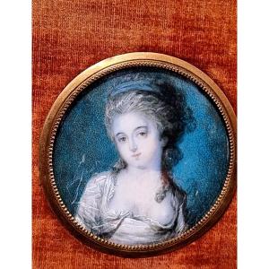 Miniature Of A Young Woman 18th Century On A Blue Background Louis XVI Period