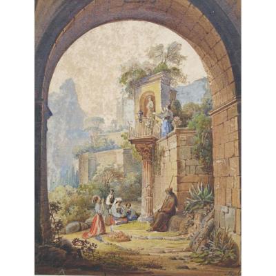 Watercolor Romantic Characters In The Ruins Abele 1844